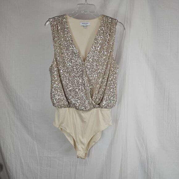 Gilli Sleeveless Sequin Wrap Bodysuit Women M Embellished Office Party Chic - Picture 1 of 5